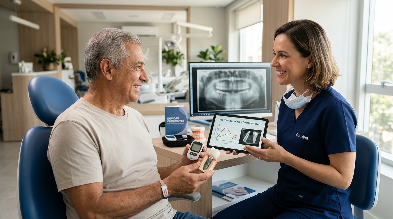 Dentista conversando com paciente que segura um medidor de glicose e um modelo de implante