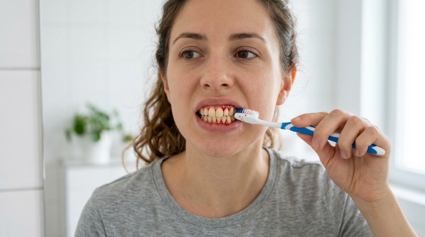 Mulher percebendo sangramento na gengiva ao escovar os dentes