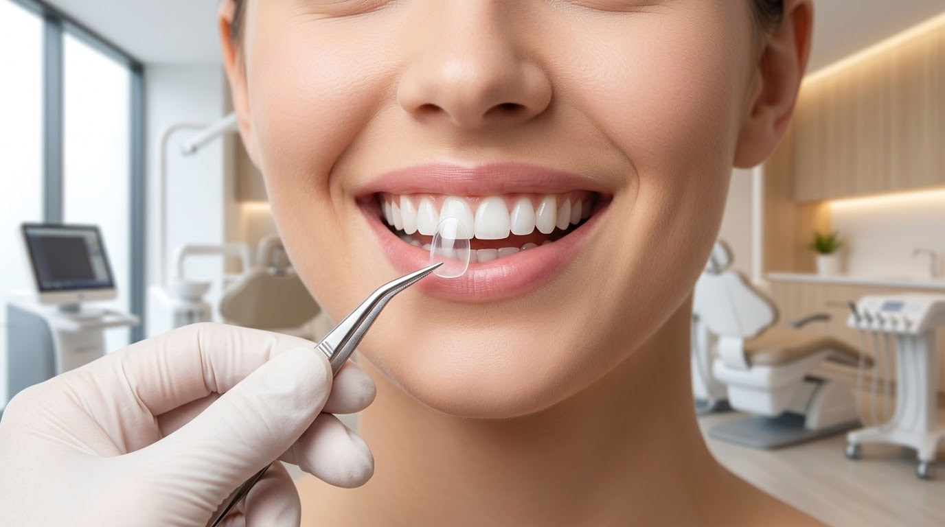 Lente de contato dental sendo posicionada sobre o sorriso de uma paciente
