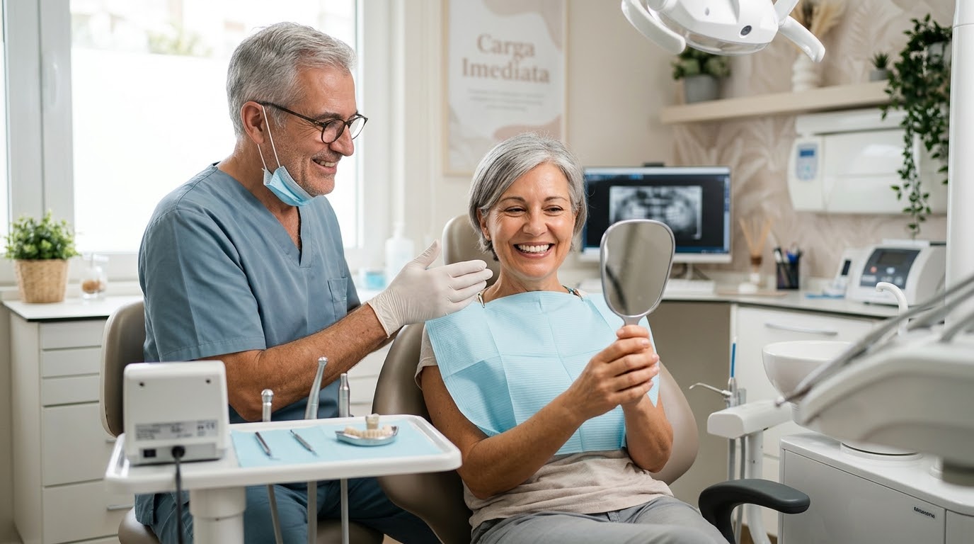 Paciente vendo o novo sorriso no espelho ao lado do dentista