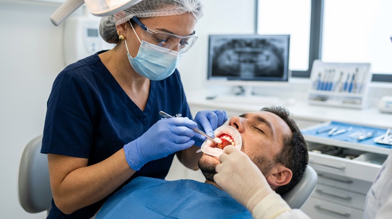 Dentista aplicando material de enxerto ósseo durante a cirurgia