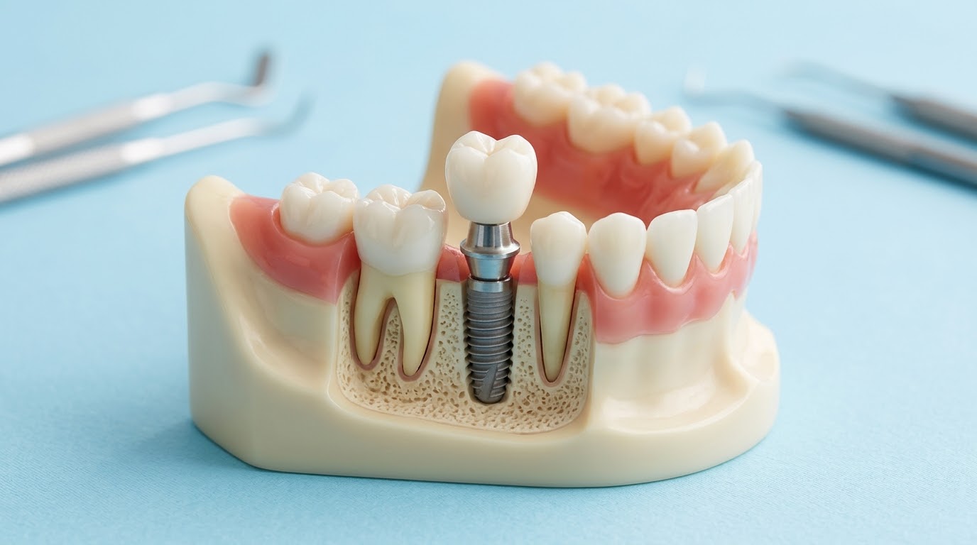 Modelo de arcada mostrando um implante unitário com coroa entre dois dentes naturais