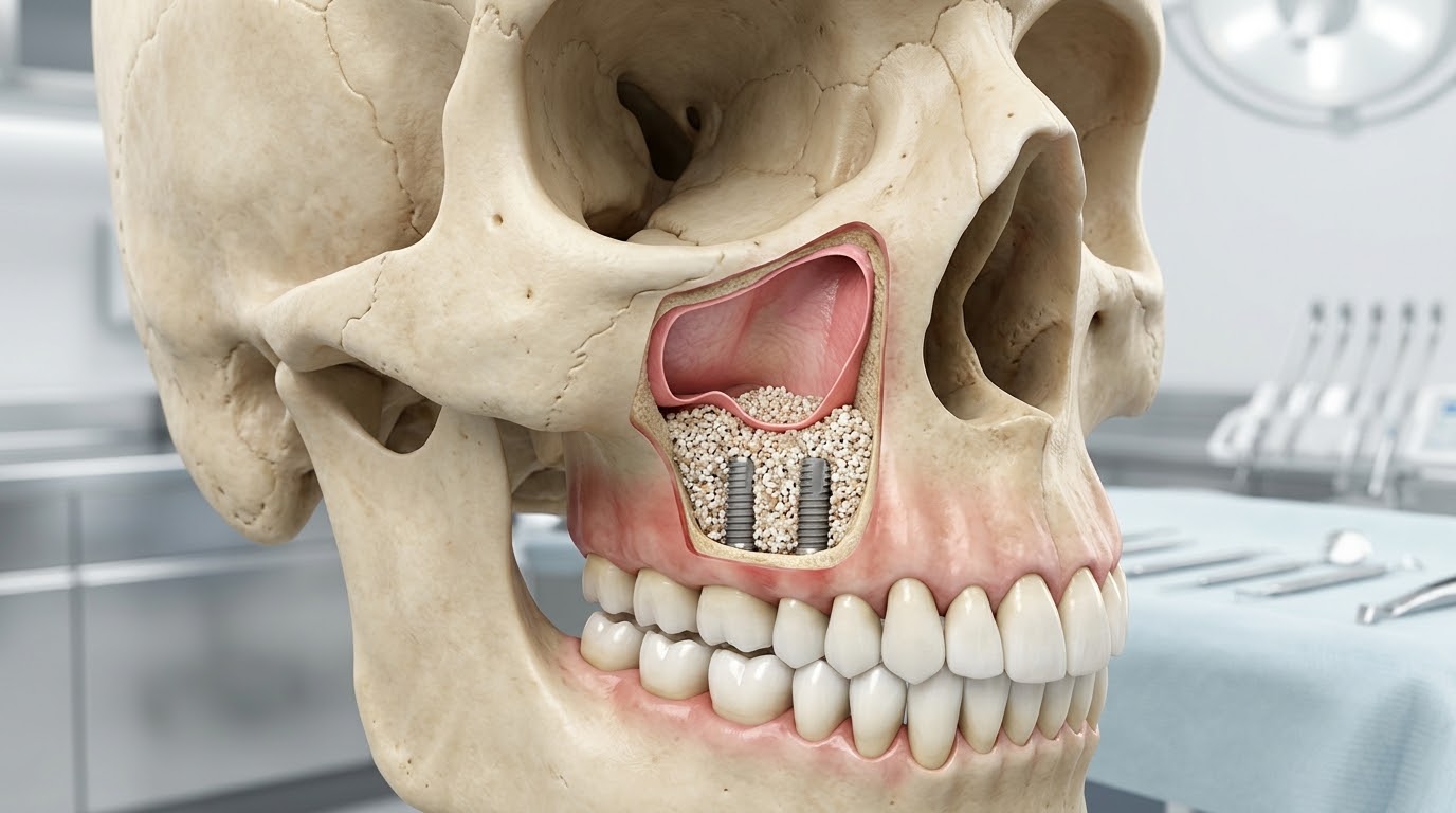 Ilustração anatômica do levantamento de seio maxilar com enxerto e implantes