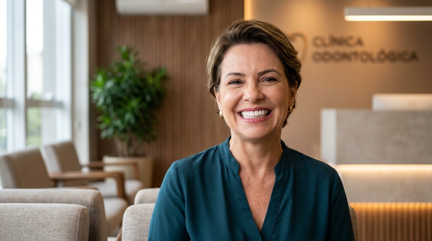 Paciente sorrindo na recepção do consultório