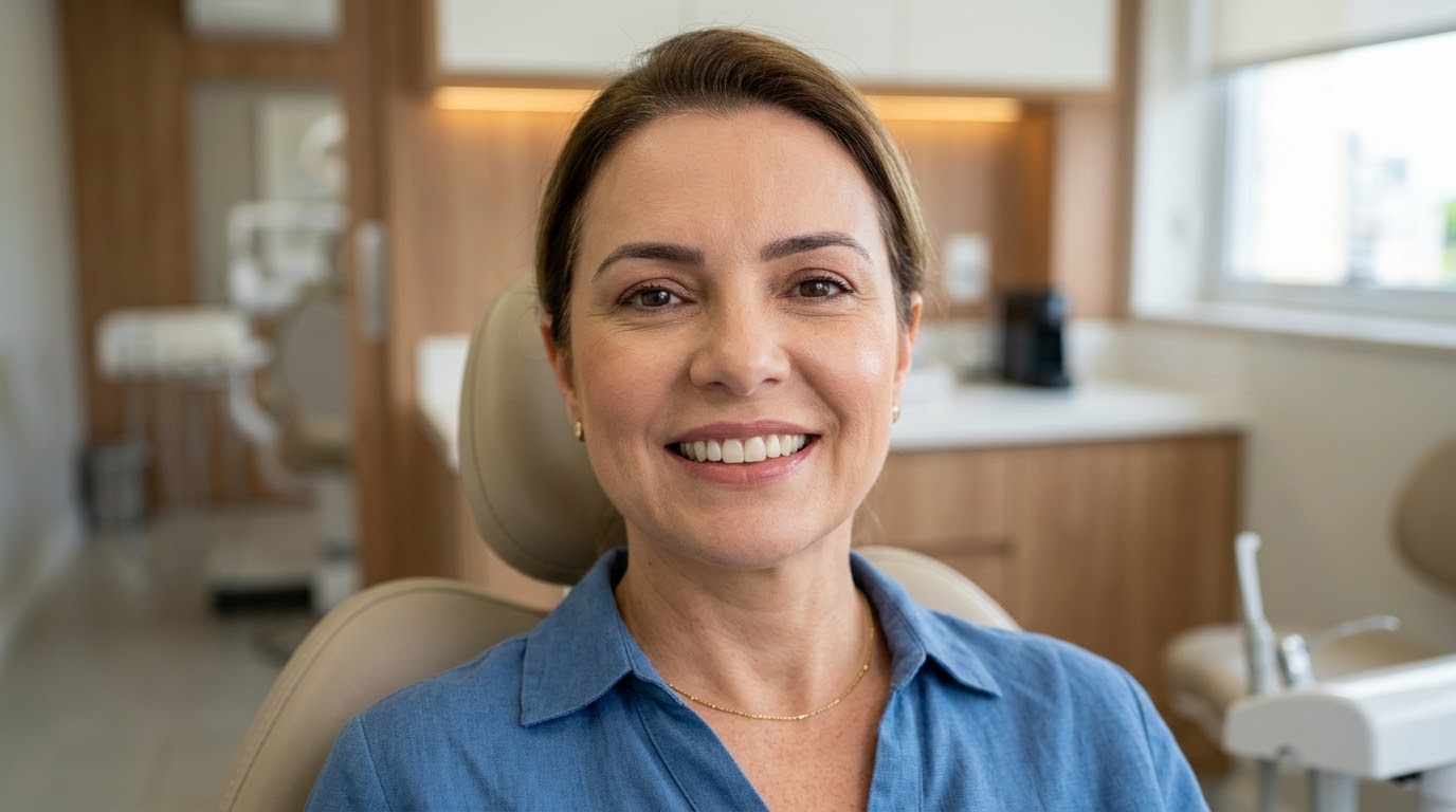 Paciente sorrindo na cadeira do consultório