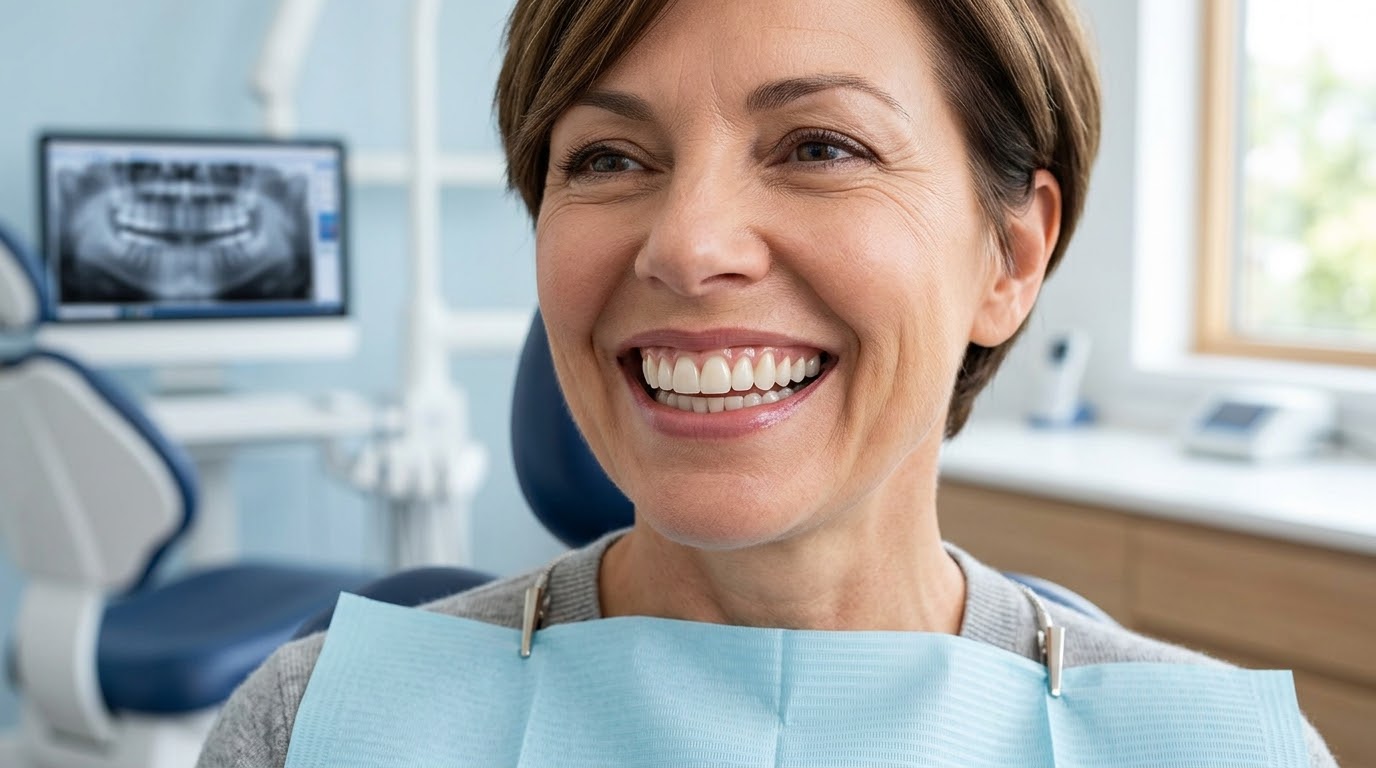 Paciente sorrindo na cadeira odontológica