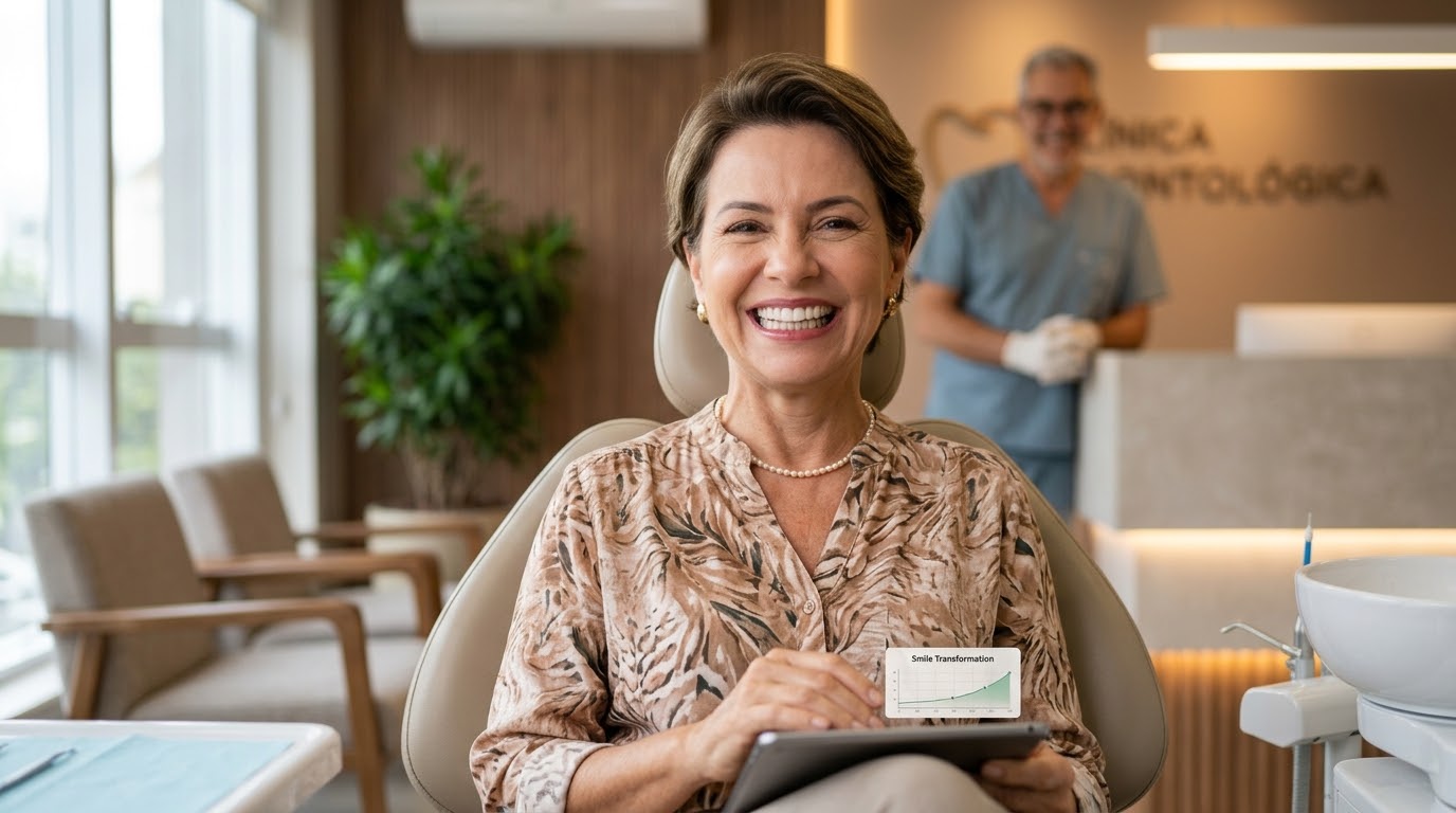 Paciente sorridente na cadeira do consultório após reabilitação