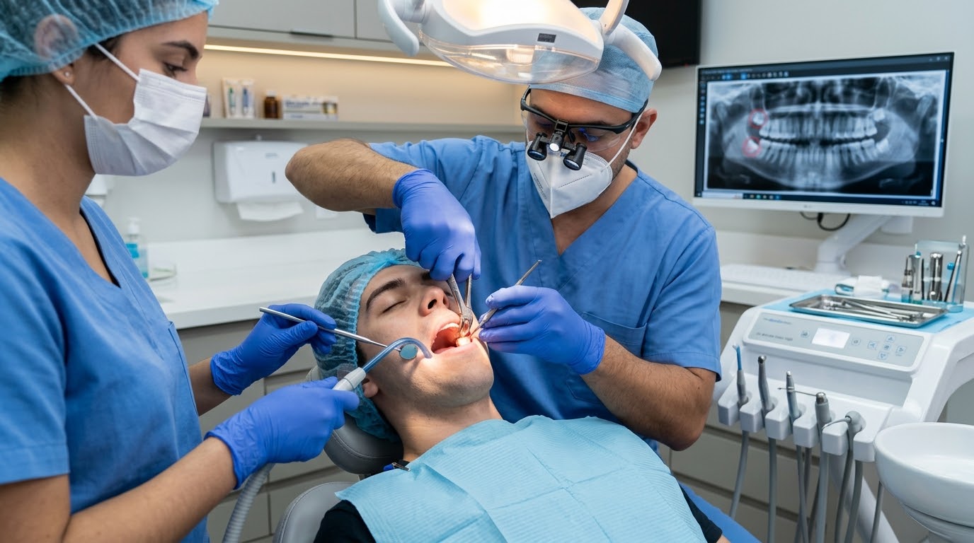 Cirurgião-dentista e auxiliar realizando cirurgia oral