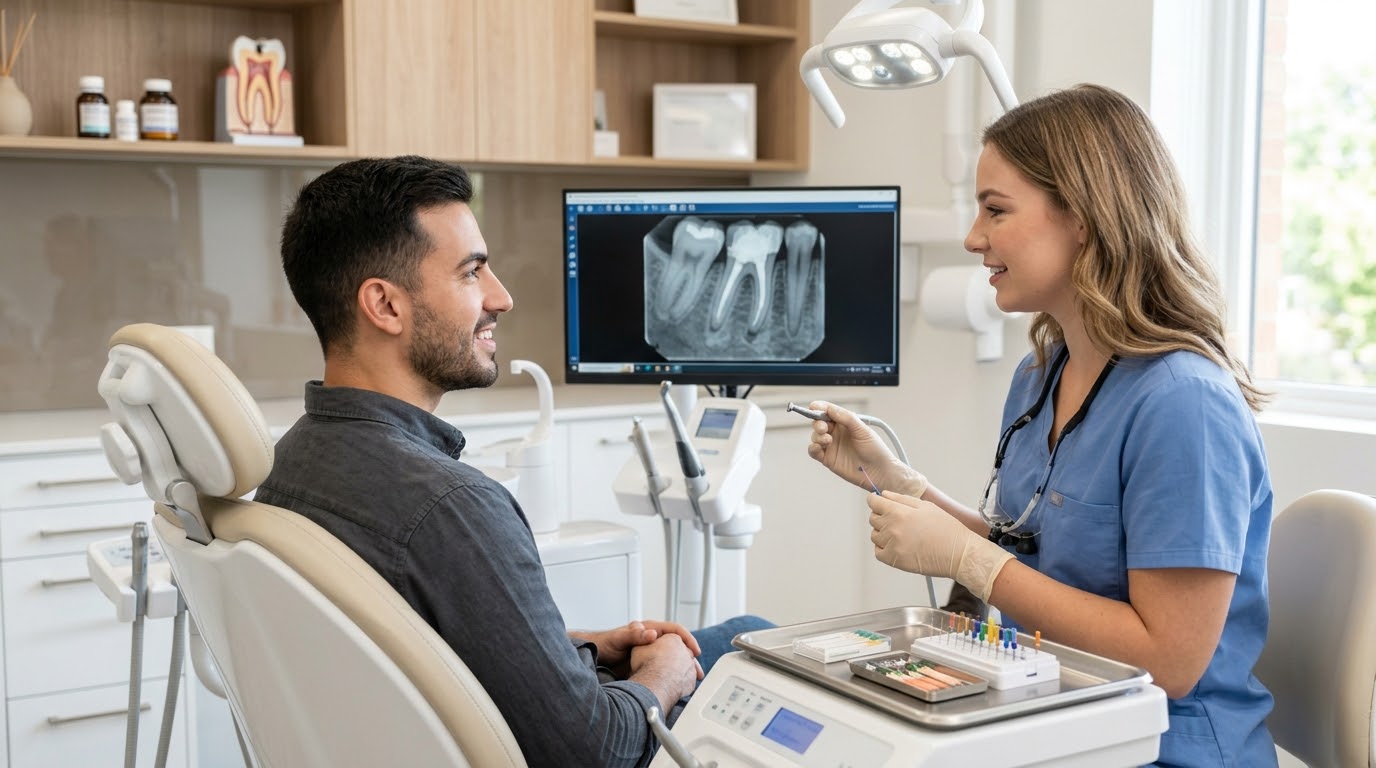 Dentista explicando ao paciente a radiografia de um tratamento de canal