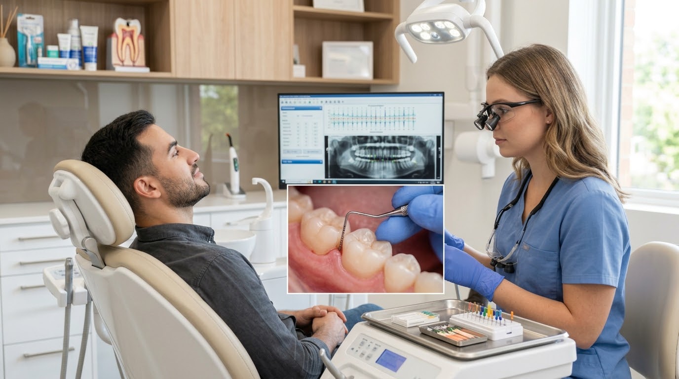 Avaliação periodontal com sonda na gengiva e exames na tela