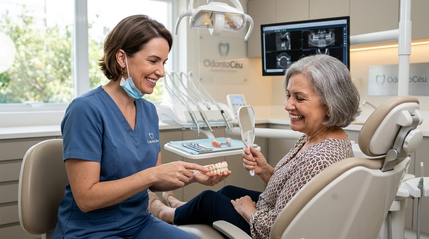Dentista mostrando uma prótese dentária a uma paciente sorridente